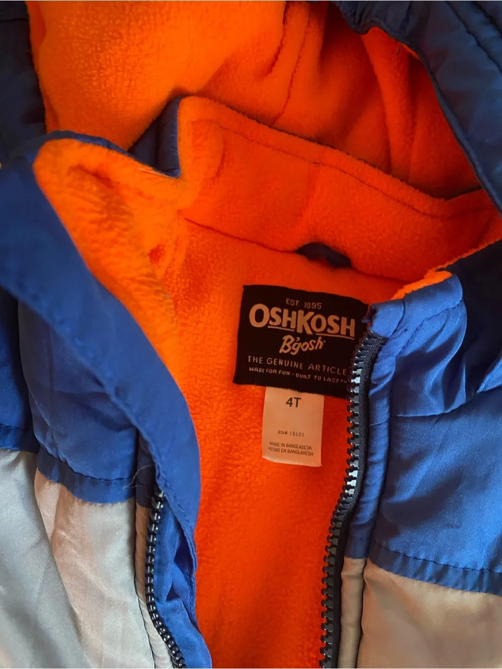 OshKosh B’gosh Blue and Orange Puffer Hooded Coat Boys 4T